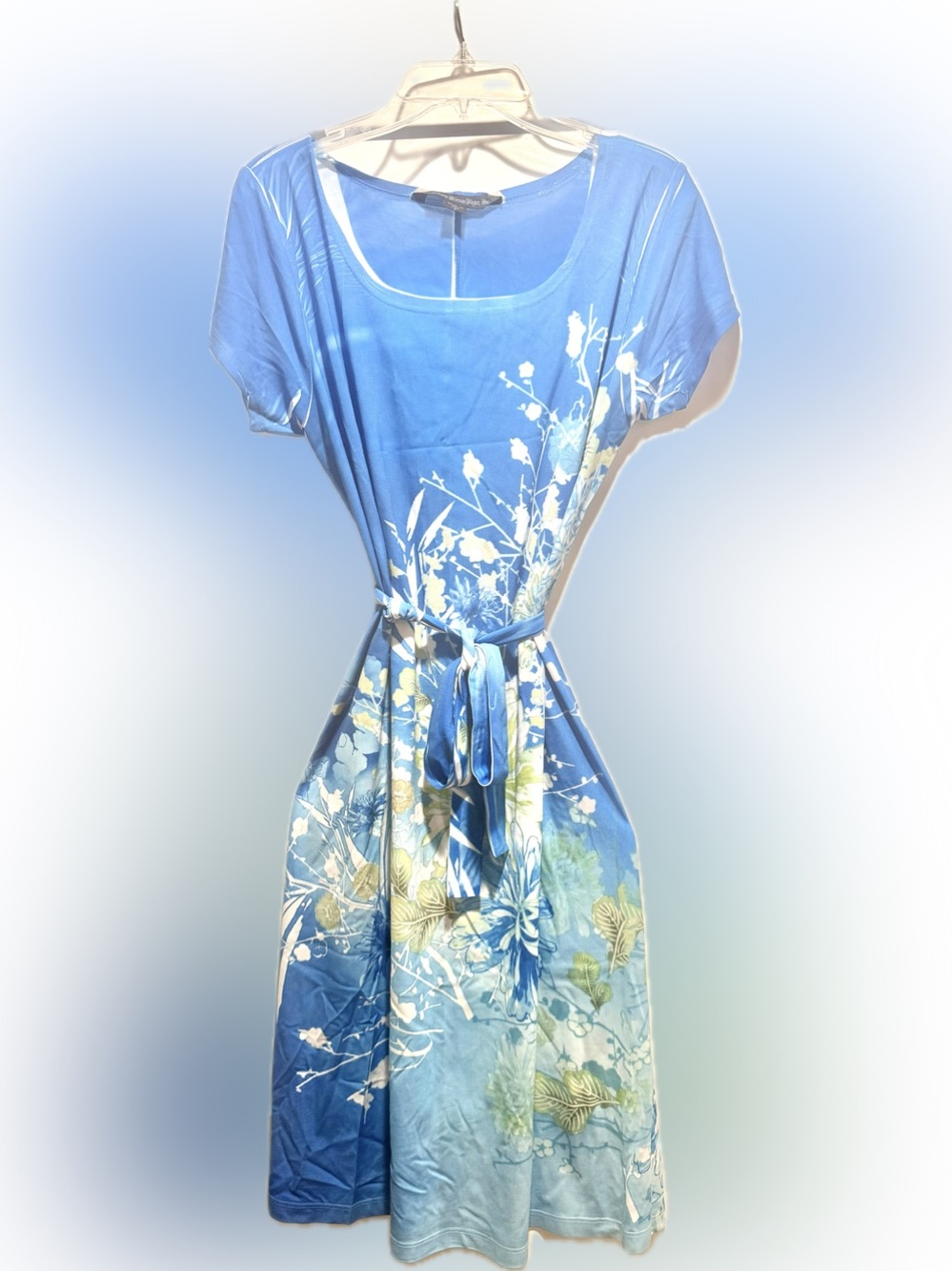 Mushka by Sienna Rose blue botanical stretch jersey belted tee shirt dress S